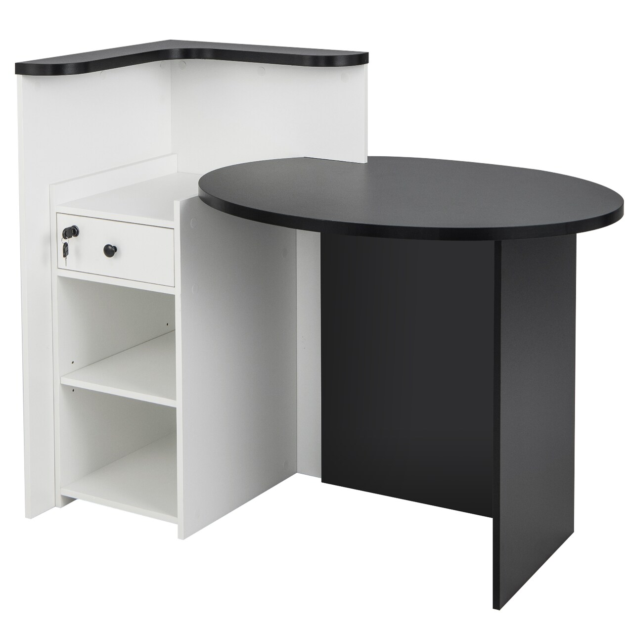 Black - White Office Reception Desk with Storage Shelf and Lockable Drawer